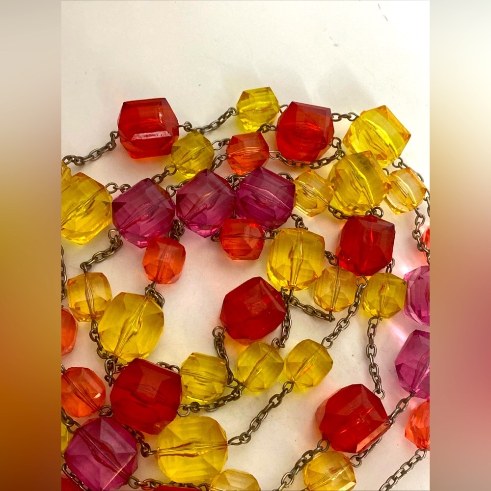 Extra long Tropical color necklace, Faceted lucite squares 78”in - Picture 8 of 9